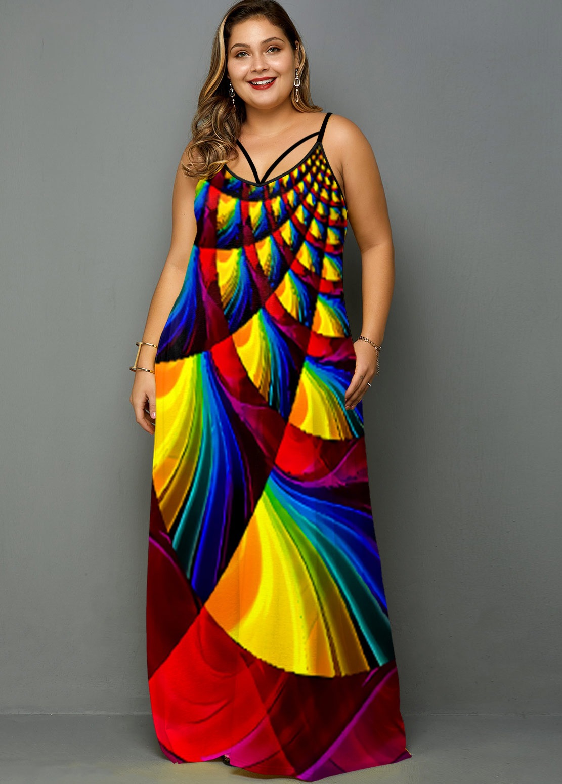 ROTITA Plus Size Geometric Print Rainbow Color Maxi Dress