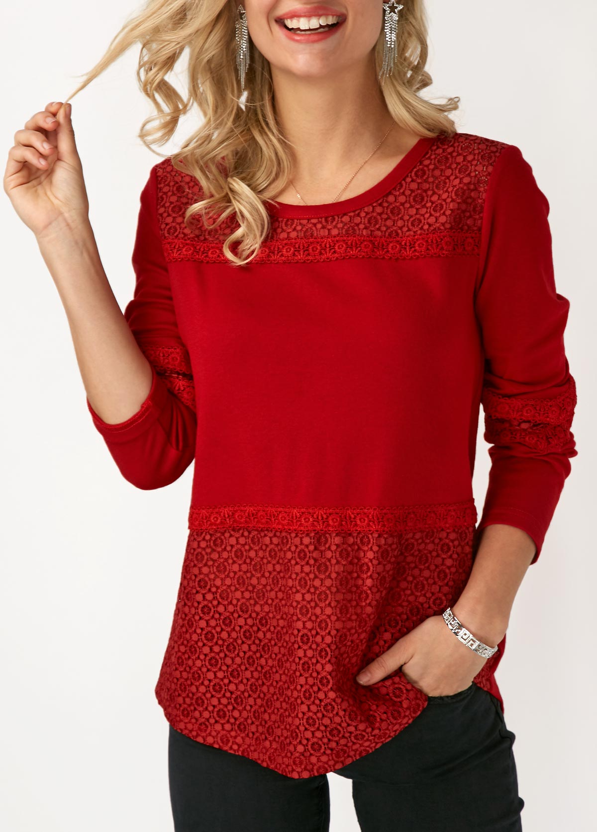 Red tops,Plain Color tops,ROTITA Lace Panel Long Sleeve Round Neck T Shirt