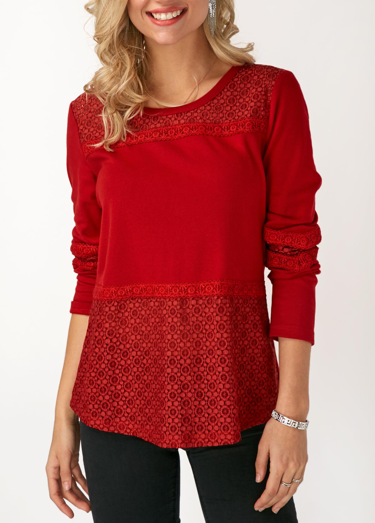 Red tops,Plain Color tops,ROTITA Lace Panel Long Sleeve Round Neck T Shirt