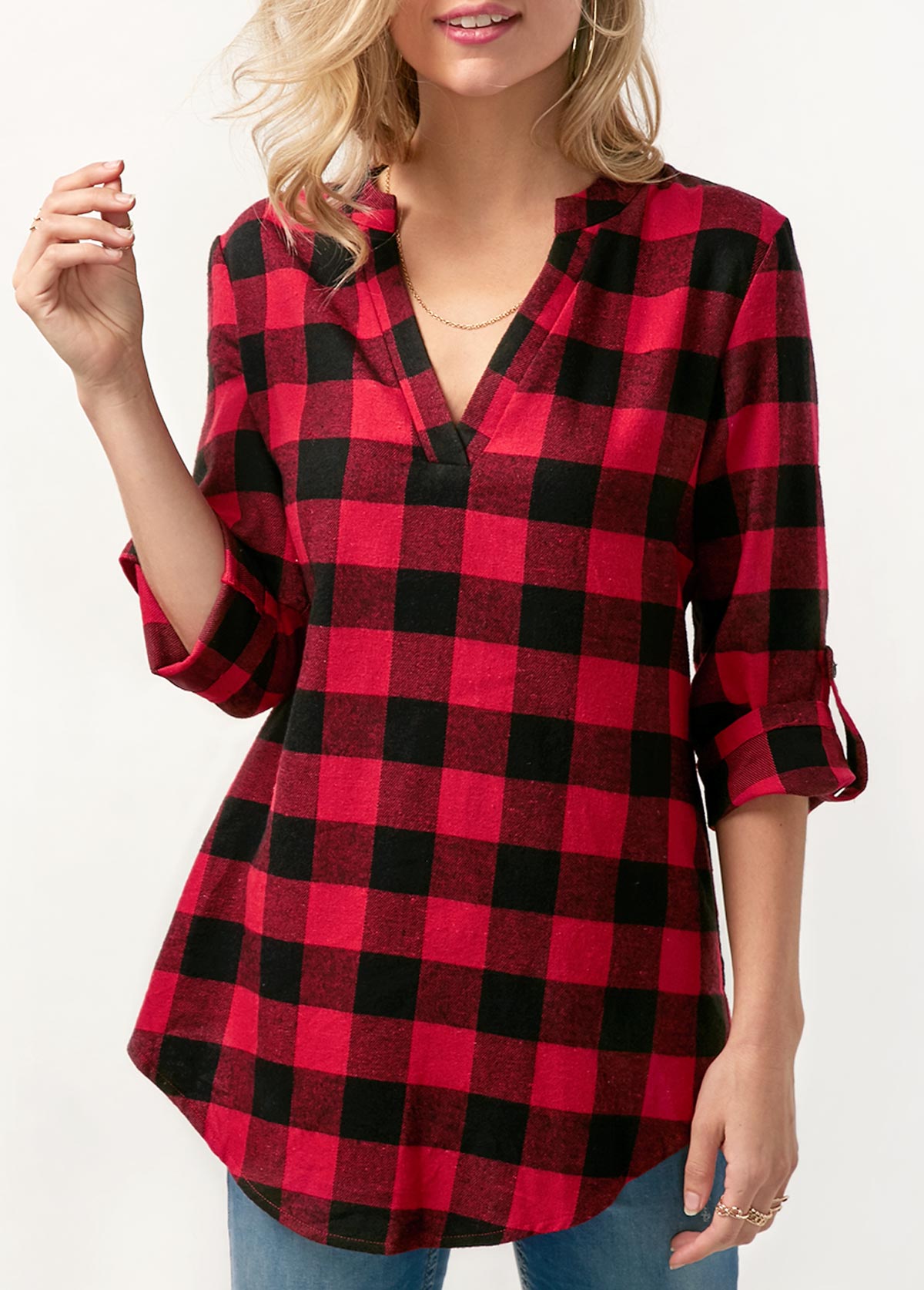 Red tops,Plaid tops,ROTITA Split Neck Plaid Print Roll Tab Sleeve Blouse