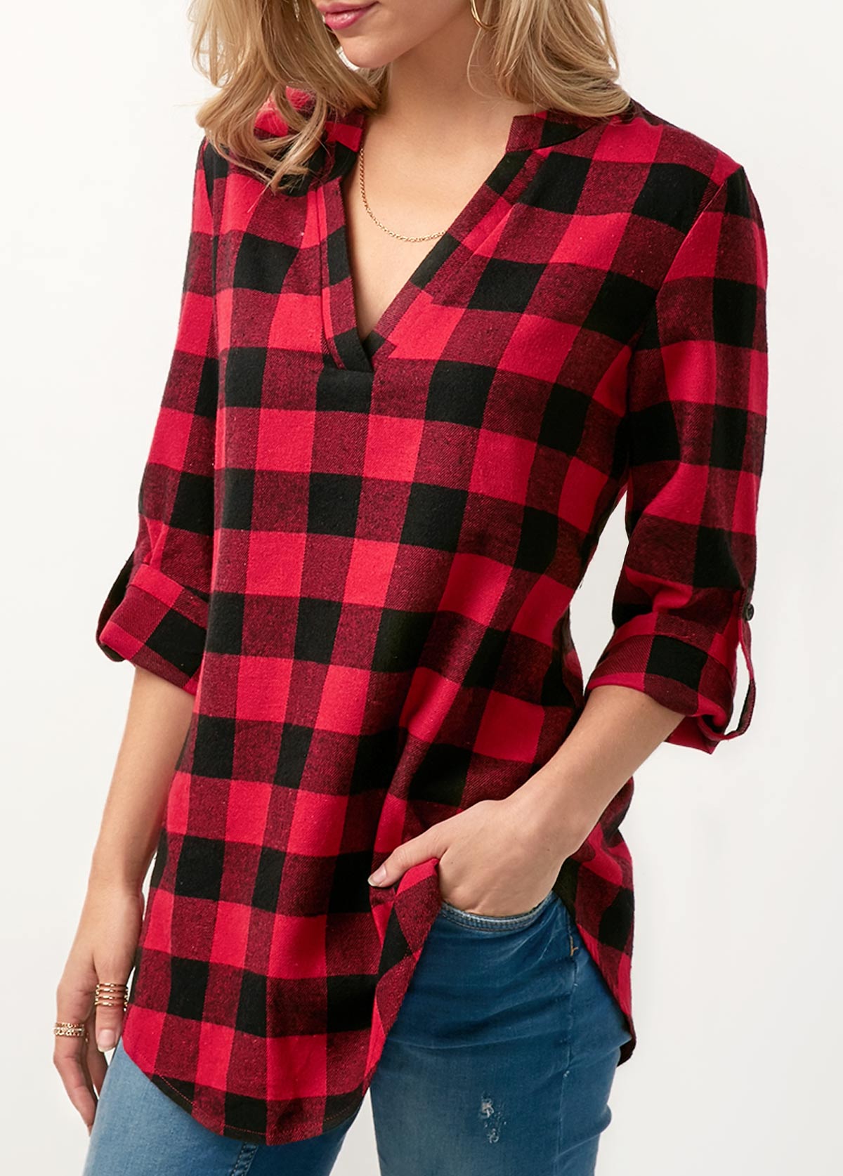 Red tops,Plaid tops,ROTITA Split Neck Plaid Print Roll Tab Sleeve Blouse