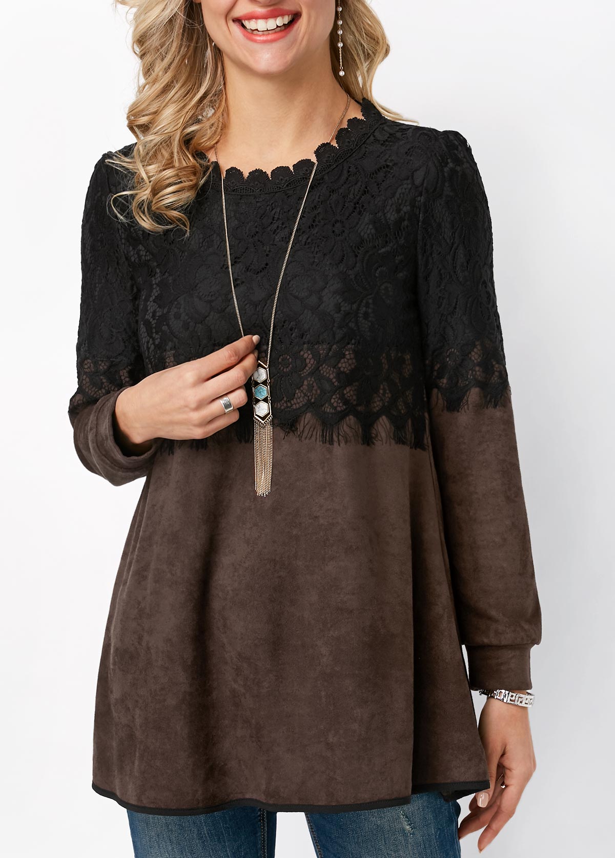 ROTITA Lace Panel Long Sleeve Round Neck T Shirt