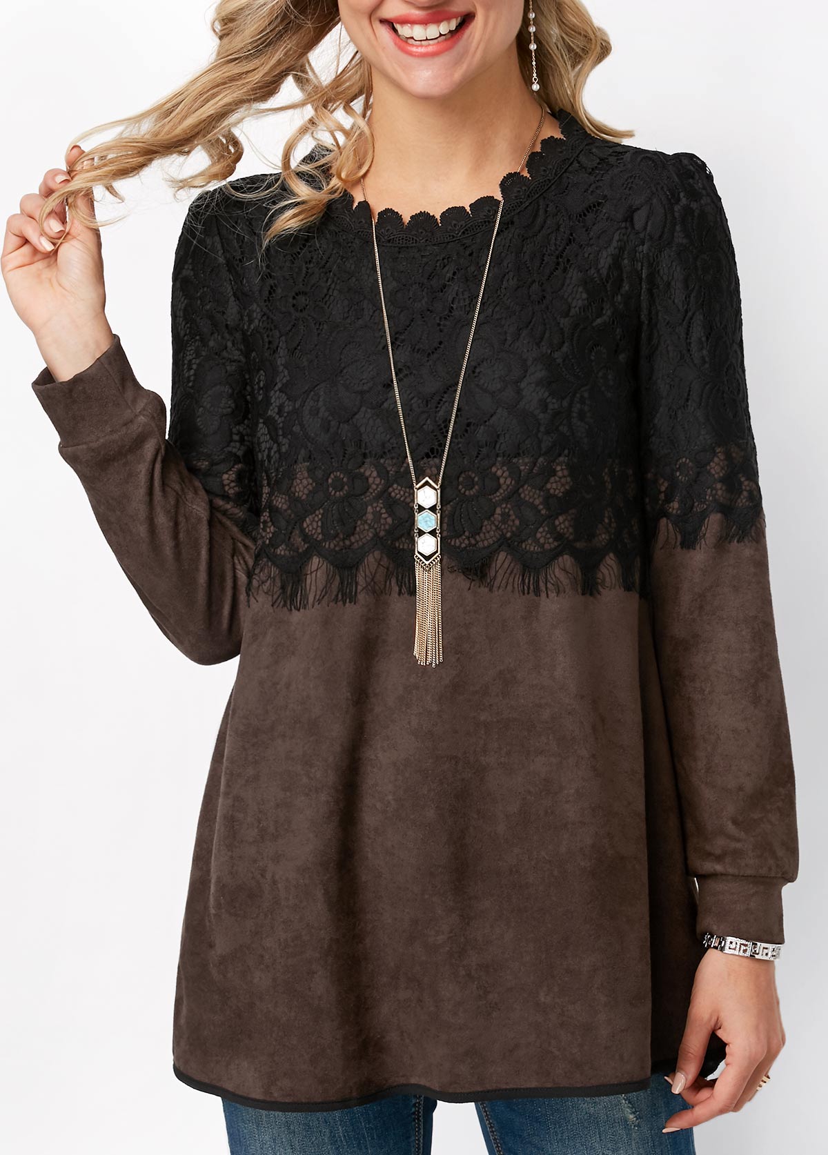 Dark Coffee tops,Contrast Color tops,ROTITA Lace Panel Long Sleeve Round Neck T Shirt