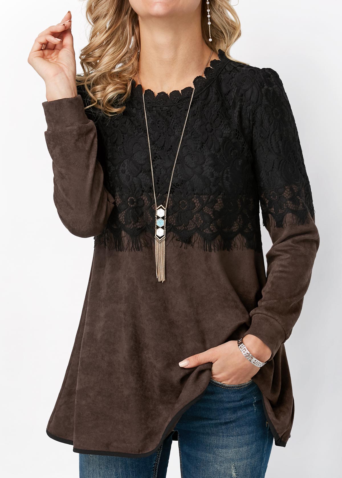 Dark Coffee tops,Contrast Color tops,ROTITA Lace Panel Long Sleeve Round Neck T Shirt
