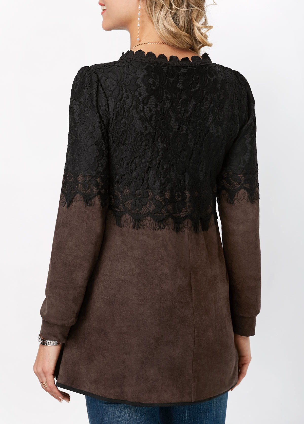 Dark Coffee tops,Contrast Color tops,ROTITA Lace Panel Long Sleeve Round Neck T Shirt