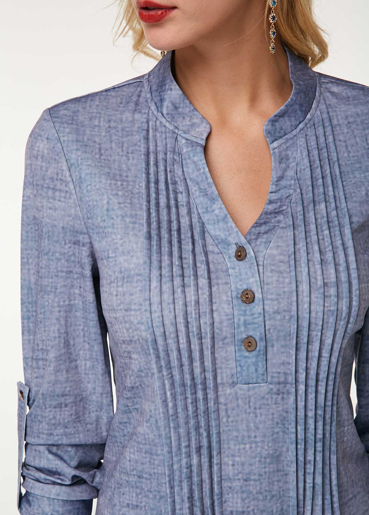 Dusty Blue tops,Floral tops,ROTITA Crinkle Chest Split Neck Floral Print Blouse