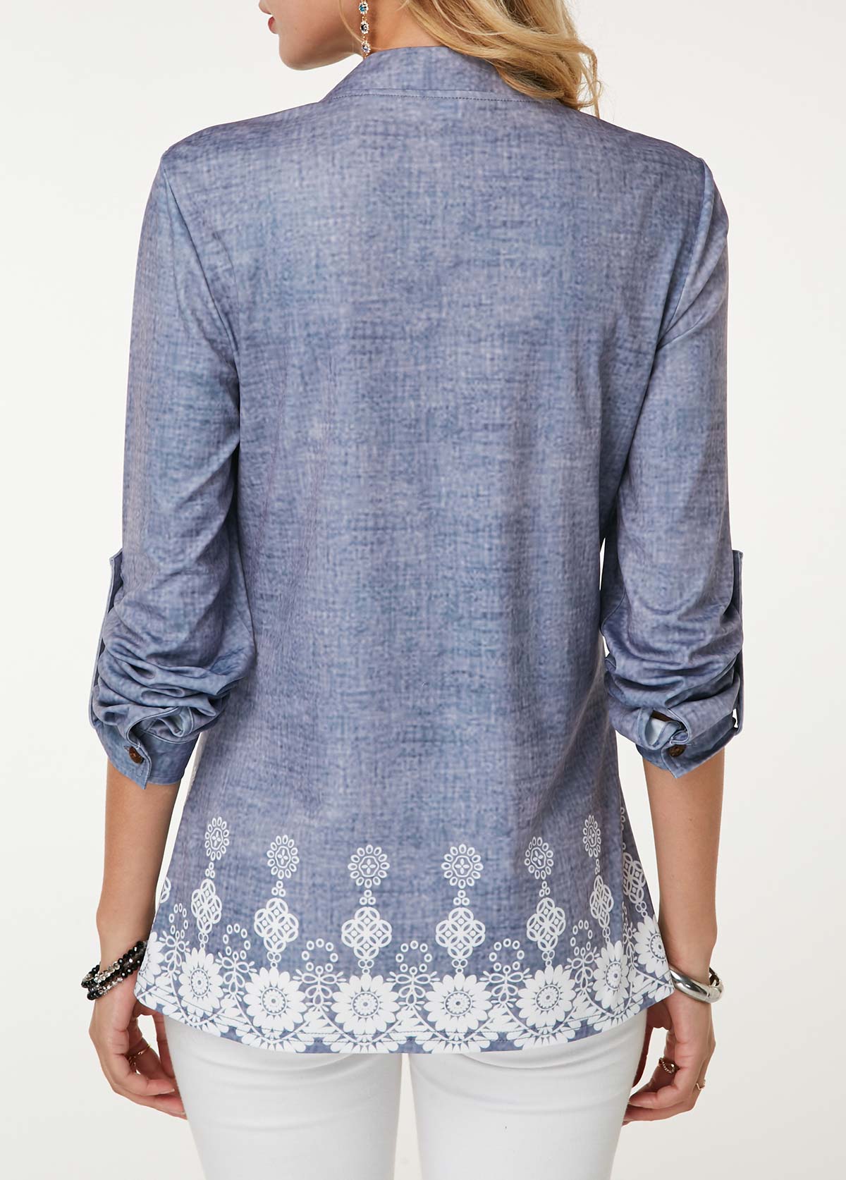 Dusty Blue tops,Floral tops,ROTITA Crinkle Chest Split Neck Floral Print Blouse