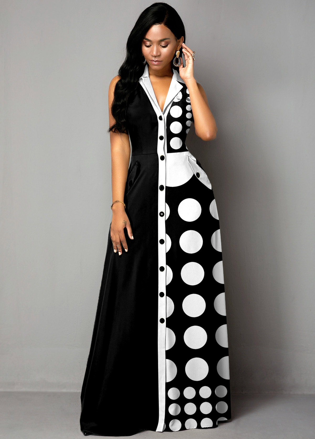 Multi Color dresses,Dot dresses,ROTITA Button Up Color Block Polka Dot Maxi Dress