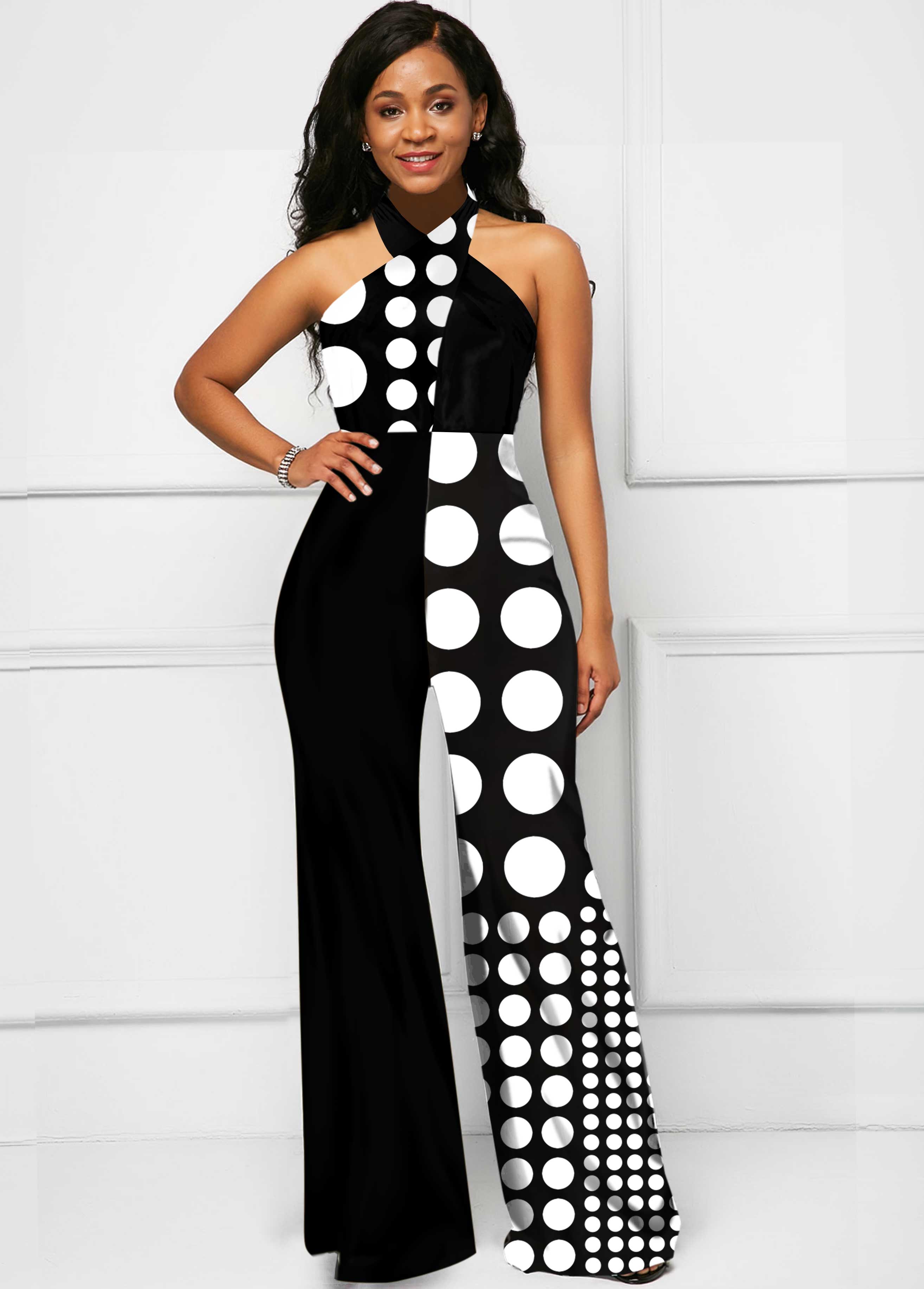 ROTITA Cross Halter Polka Dot Black Jumpsuit