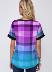 Purple tops,Plaid tops,ROTITA Plaid Purple Split Neck Short Sleeve Blouse
