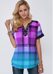 Purple tops,Plaid tops,ROTITA Plaid Purple Split Neck Short Sleeve Blouse