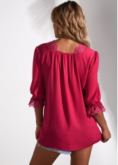 Hot Pink tops,Plain Color tops,ROTITA Lantern Sleeve Secret Garden Lace Panel Blouse