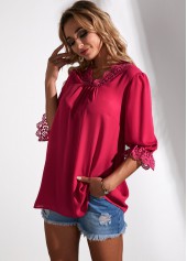 Hot Pink tops,Plain Color tops,ROTITA Lantern Sleeve Secret Garden Lace Panel Blouse