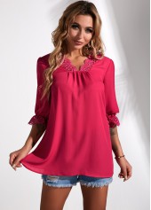 Hot Pink tops,Plain Color tops,ROTITA Lantern Sleeve Secret Garden Lace Panel Blouse