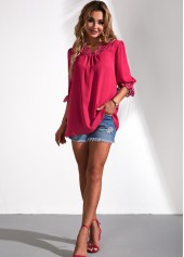 Hot Pink tops,Plain Color tops,ROTITA Lantern Sleeve Secret Garden Lace Panel Blouse
