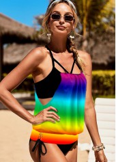 ROTITA Strappy Back Rainbow Color Cutout Side Tankini Set
