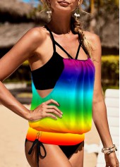 Multi Color swimwear,Floral swimwear,ROTITA Strappy Back Rainbow Color Cutout Side Tankini Set
