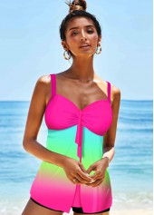 Hot Pink swimwear,Floral swimwear,ROTITA Spaghetti Strap Rainbow Color Printed Tankini Set