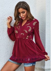 Wine Red tops,Floral tops,ROTITA Boho Vibe Paisley Lantern Sleeve Lace Stitching Blouse