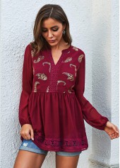 Wine Red tops,Floral tops,ROTITA Boho Vibe Paisley Lantern Sleeve Lace Stitching Blouse