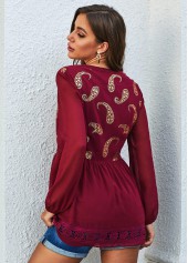 Wine Red tops,Floral tops,ROTITA Boho Vibe Paisley Lantern Sleeve Lace Stitching Blouse