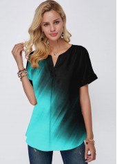 Mint Green tops,Floral tops,ROTITA Gradient Split Neck Short Sleeve Printed Mint Green Blouse