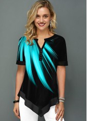 Black tops,Floral tops,ROTITA Asymmetric Hem Split Neck Printed Mint Green Blouse