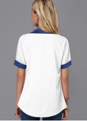 White tops,Contrast Color tops,ROTITA Faux Denim Turndown Collar Button Up Blouse