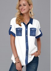White tops,Contrast Color tops,ROTITA Faux Denim Turndown Collar Button Up Blouse