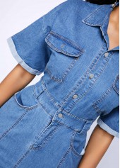 Denim Blue dresses,Plain Color dresses,ROTITA Button Up Cutout Back Pocket Denim Dress