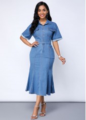 Denim Blue dresses,Plain Color dresses,ROTITA Button Up Cutout Back Pocket Denim Dress
