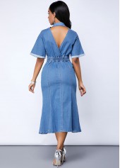 Denim Blue dresses,Plain Color dresses,ROTITA Button Up Cutout Back Pocket Denim Dress