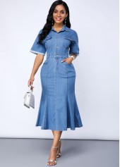 ROTITA Button Up Cutout Back Pocket Denim Dress