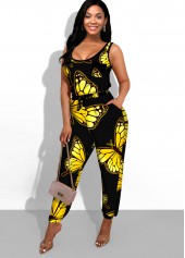 ROTITA Butterfly Print Black Side Pocket Jumpsuit