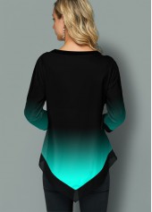 Cyan tops,Floral tops,ROTITA Tribal Print Asymmetric Hem Gradient Blouse