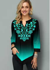 Cyan tops,Floral tops,ROTITA Tribal Print Asymmetric Hem Gradient Blouse
