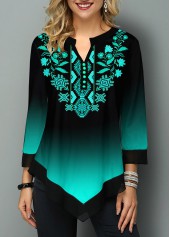 Cyan tops,Floral tops,ROTITA Tribal Print Asymmetric Hem Gradient Blouse