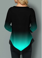 Cyan tops,Floral tops,ROTITA Tribal Print Asymmetric Hem Gradient Blouse