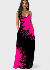 Hot Pink dresses,Floral dresses,ROTITA Spaghetti Strap Sunflower Print Side Pocket Dress