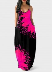 Hot Pink dresses,Floral dresses,ROTITA Spaghetti Strap Sunflower Print Side Pocket Dress