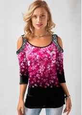 ROTITA Gradient Cold Shoulder Floral Print T Shirt