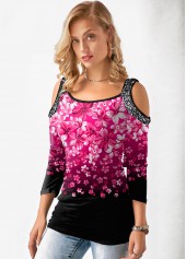 Hot Pink tops,Floral tops,ROTITA Gradient Cold Shoulder Floral Print T Shirt