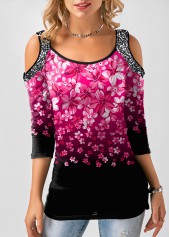 Hot Pink tops,Floral tops,ROTITA Gradient Cold Shoulder Floral Print T Shirt