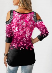 Hot Pink tops,Floral tops,ROTITA Gradient Cold Shoulder Floral Print T Shirt