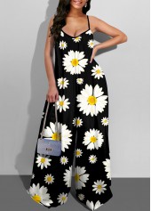 Black jumpsuits & rompers,Floral jumpsuits & rompers,ROTITA Spaghetti Strap Daisy Print Wide Leg Jumpsuit