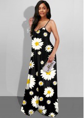 Black jumpsuits & rompers,Floral jumpsuits & rompers,ROTITA Spaghetti Strap Daisy Print Wide Leg Jumpsuit