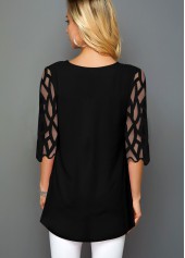 Black tops,Floral tops,ROTITA Floral Print Round Neck Mesh Panel T Shirt