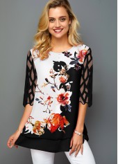 Black tops,Floral tops,ROTITA Floral Print Round Neck Mesh Panel T Shirt