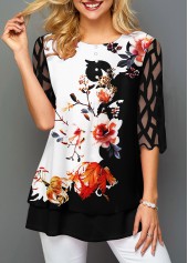 Black tops,Floral tops,ROTITA Floral Print Round Neck Mesh Panel T Shirt