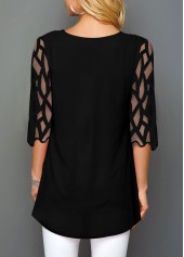 Black tops,Floral tops,ROTITA Floral Print Round Neck Mesh Panel T Shirt